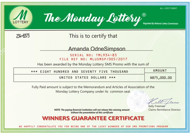 The Monday Lottery Scam Certificate