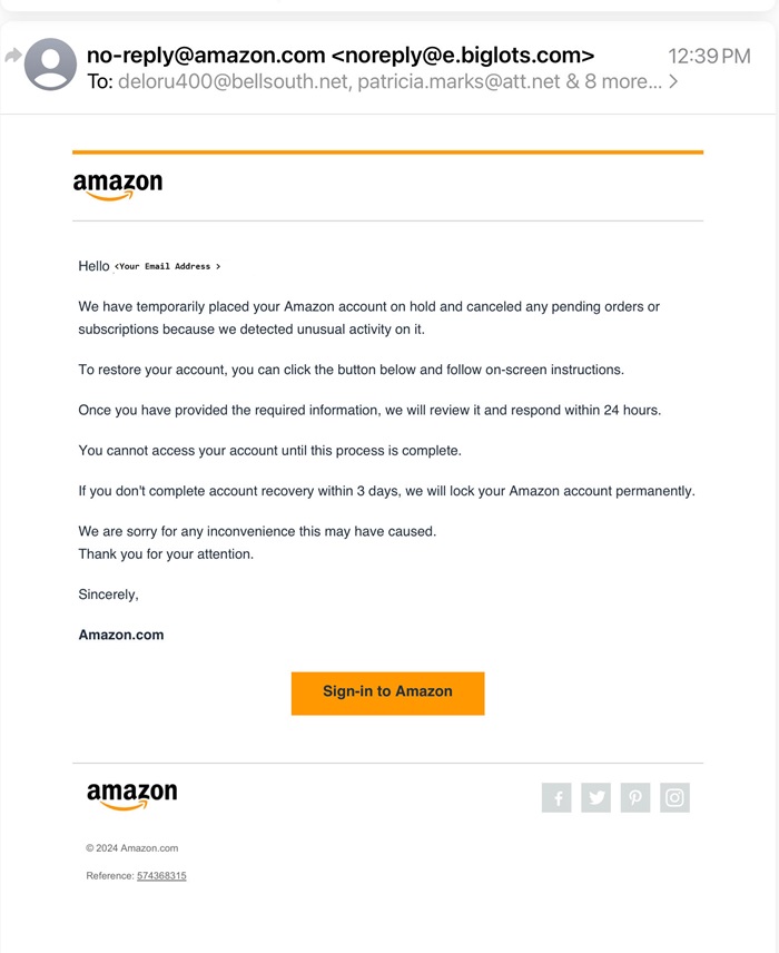 Scam email: A message from Amazon Costomer Service.