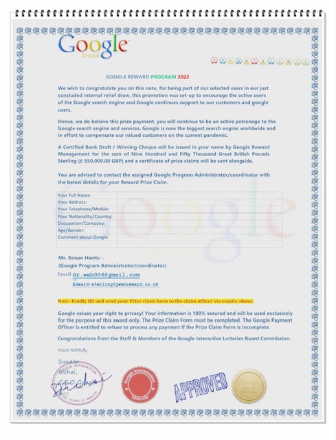 Google Reward Prize Scam