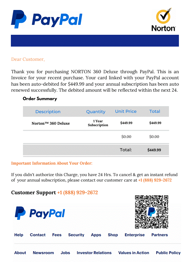 Paypal Norton scam invoice email